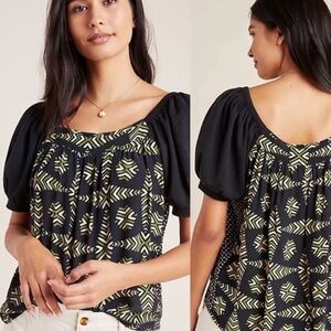 New- Anthropologie Black and Green Geometric Blouse